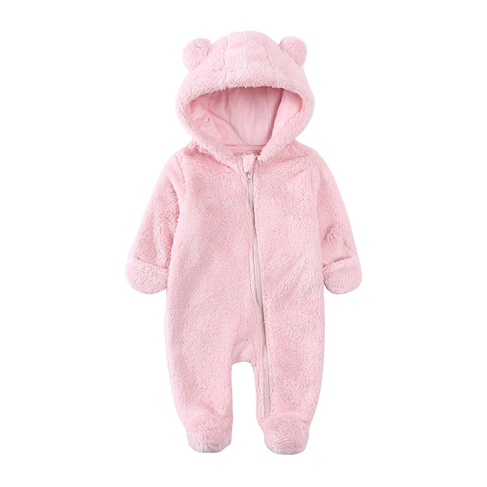 Baby Girls Boys Clothes Infant Newborn Rompers Fleece Footie Snowsuit Winter War Long-Sleeved Jumpsuit Solid Color Hooded Cartoon Cute Onesie Outfits Pink 0 Months